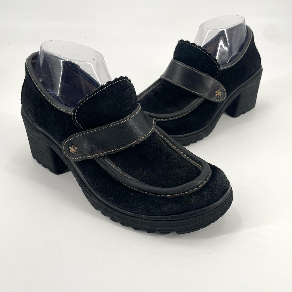 Fly London Muly Black Suede Chunky Lug Sole Platform Slip On Clog Heel